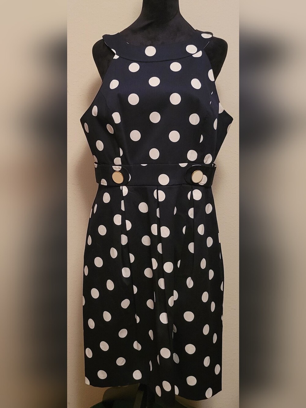 Eliza J Black Dress with White Polka Dots and Gold-Tone Buttons